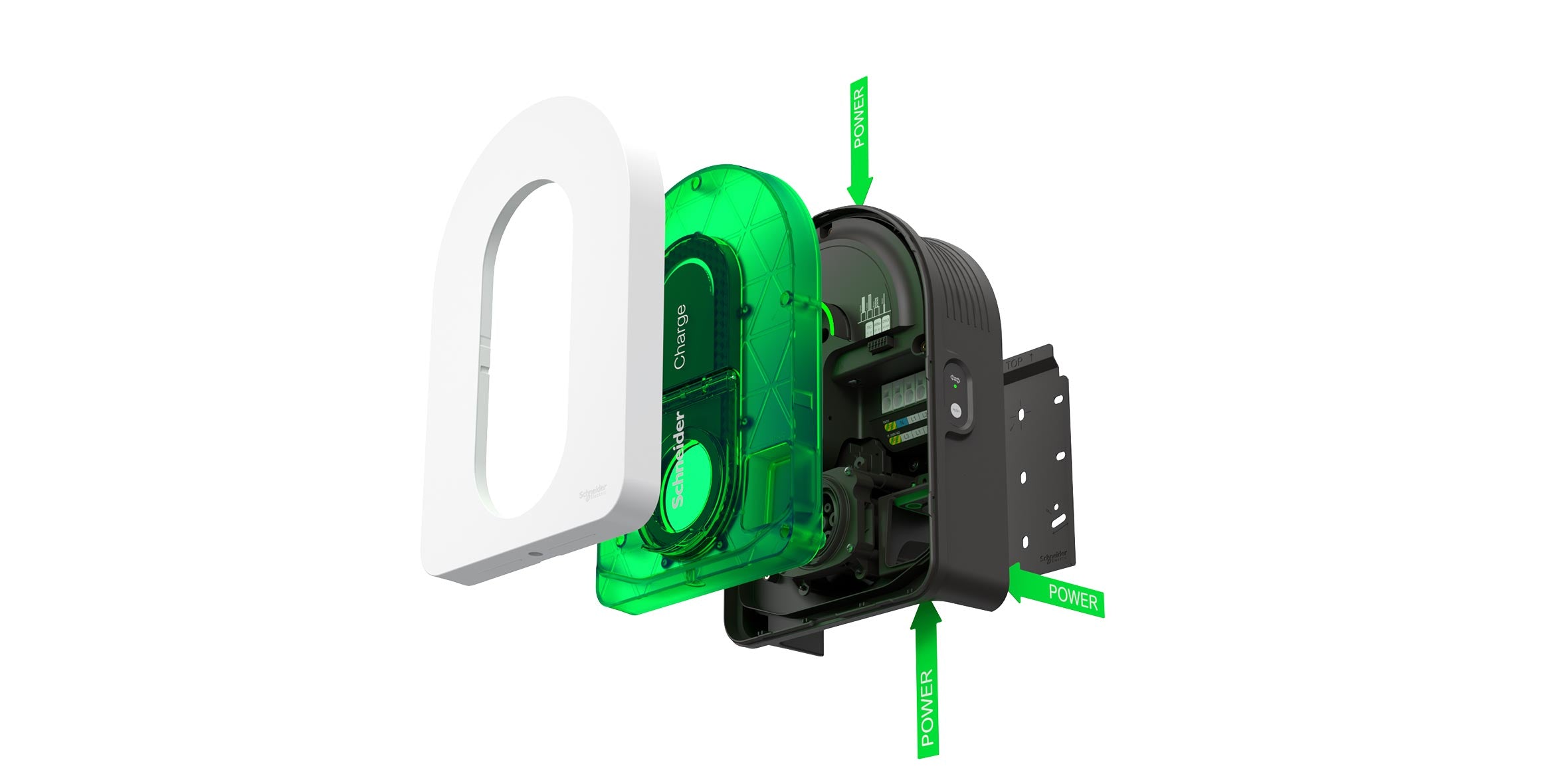 Απεικόνιση εσωτερικής δομής του φορτιστή Schneider Electric Schneider Charge με ανοιχτό περίβλημα, που παρουσιάζει τα εσωτερικά ηλεκτρικά εξαρτήματα και τις συνδέσεις τροφοδοσίας.