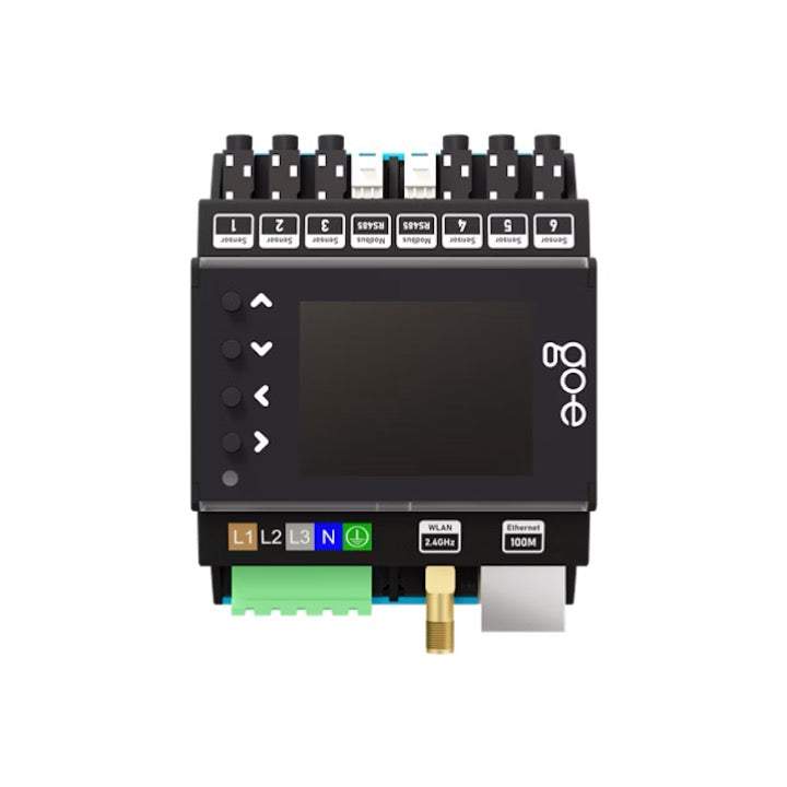 Μπροστινή όψη τριφασικού ελεγκτή ισχύος go-e Controller για αποφυγή υπερφόρτωσης και χρήση φωτοβολταϊκών κατά τη φόρτιση ηλεκτρικού αυτοκινήτου