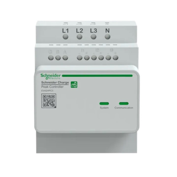 Μπροστινή όψη τριφασικού ελεγκτή ισχύος Schneider Charge Peak Controller για αποφυγή υπερφόρτωσης κατά τη φόρτιση ηλεκτρικού αυτοκινήτου.